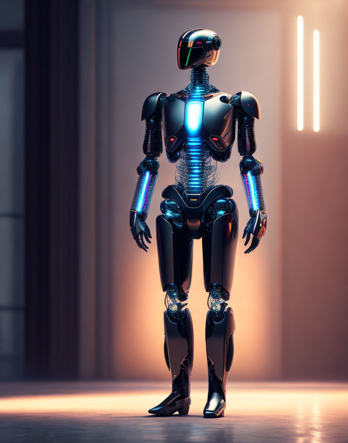Sleek black and silver humanoid robot with glowing blue elements and visor