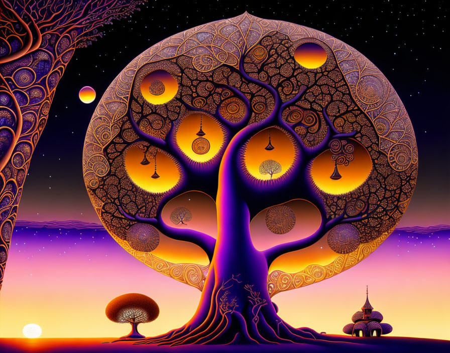 Colorful digital artwork of whimsical tree under twilight sky