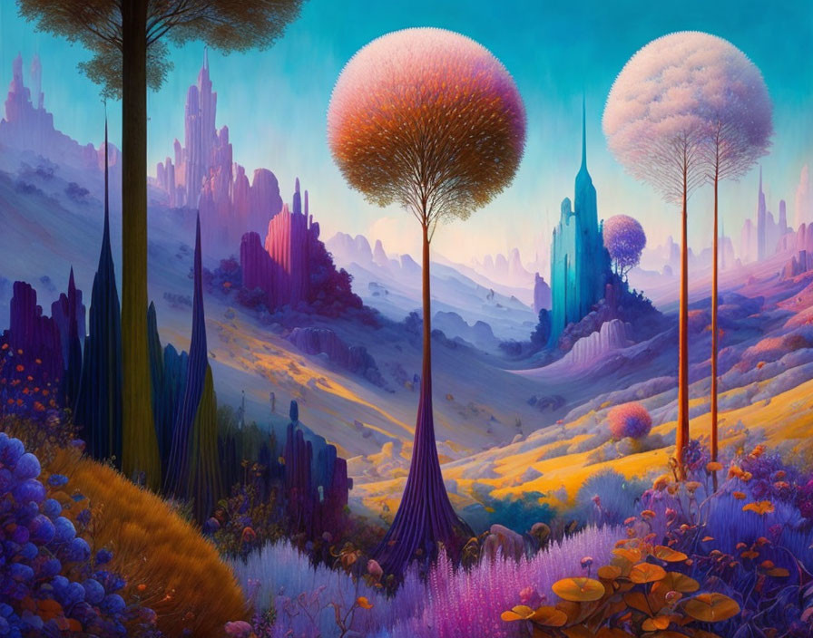 Vibrant fantasy landscape with colorful trees and alien flora