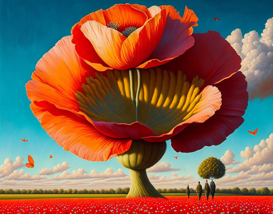 Surreal landscape with giant poppy flower and red field under blue sky