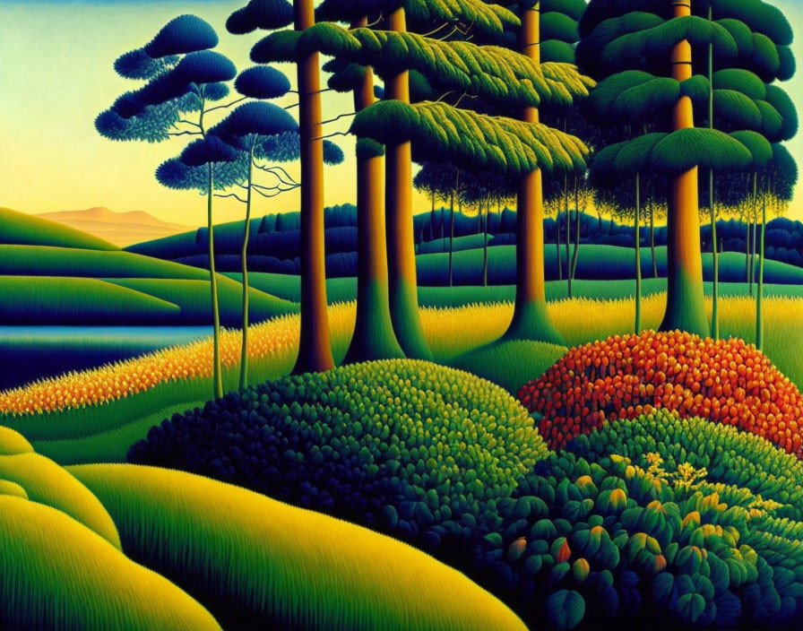 Colorful Landscape Painting with Tall Trees and Rolling Hills