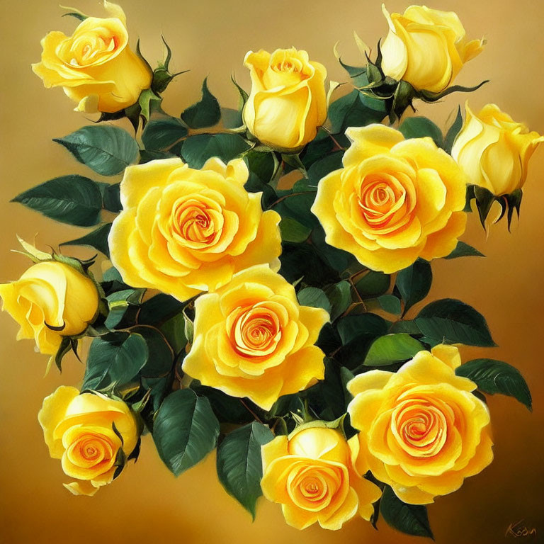 Vibrant Yellow Roses Painting on Golden Background