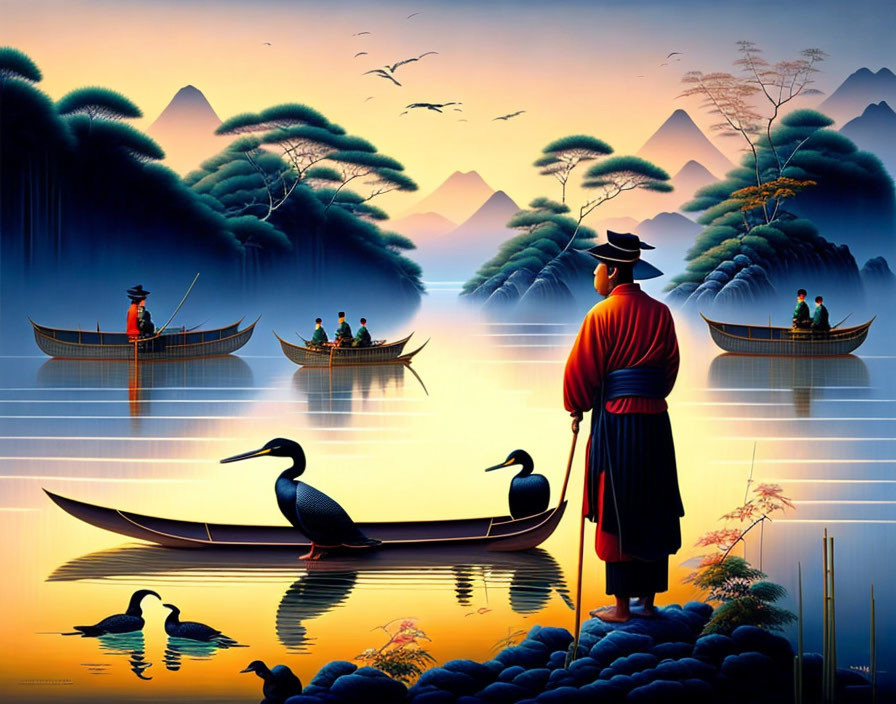 Fishermen on boats, traditional attire, mountains, birds, and colorful dawn or dusk.