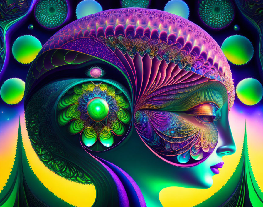 Colorful psychedelic woman's profile with peacock feather and intricate patterns.