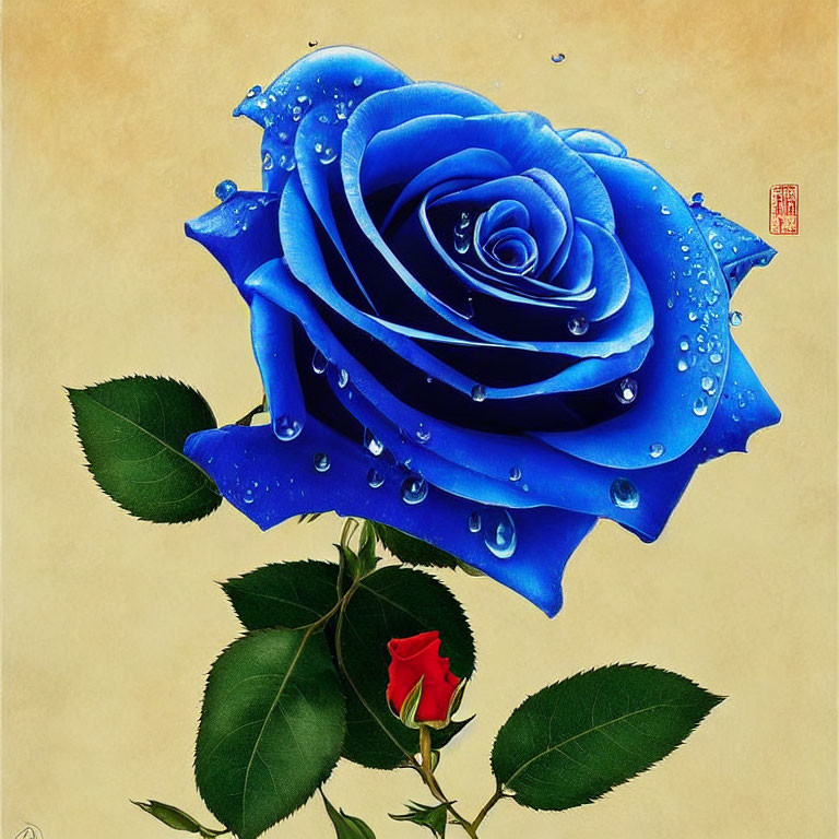 Vibrant blue rose with water droplets, red rosebud, green leaves on pale background