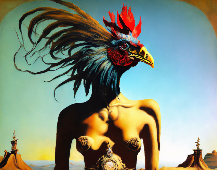 Surreal painting: human body with rooster head in desert landscape