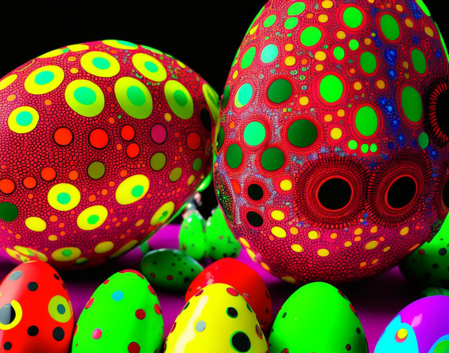 Vibrant Easter eggs with intricate designs on pink surface