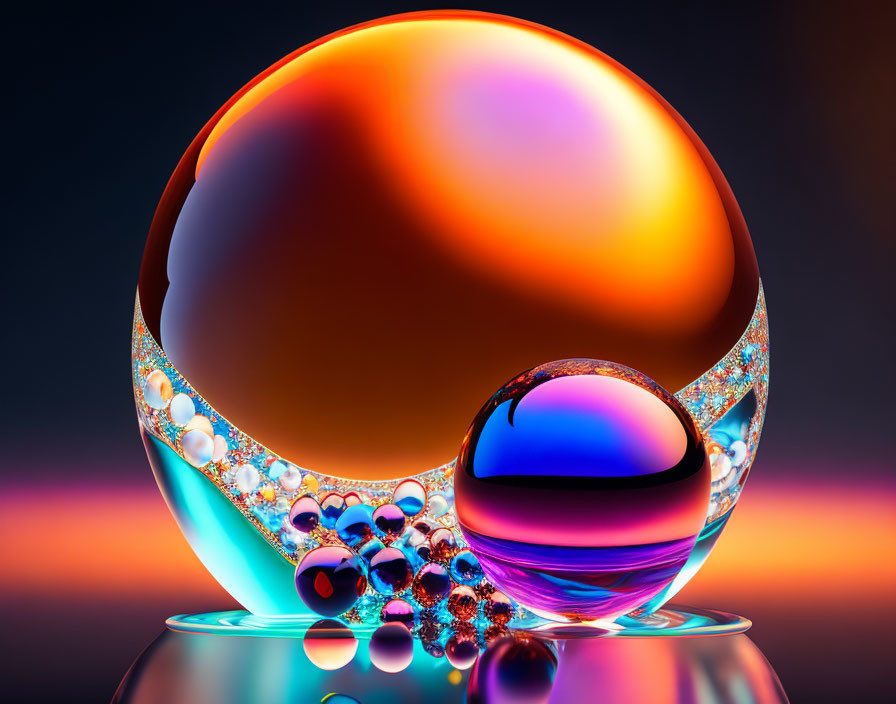 Iridescent Sphere with Beads on Glossy Surface