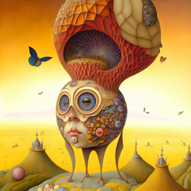 Surreal artwork: character with oversized eyes, blooming head, butterflies in fantastical landscape