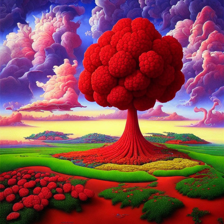 Colorful landscape with red tree, flower fields, and distant islands