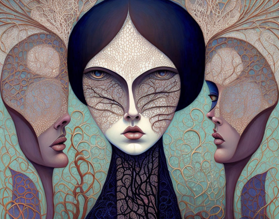 Symmetrical surreal composition of three faces with intricate lace-like patterns
