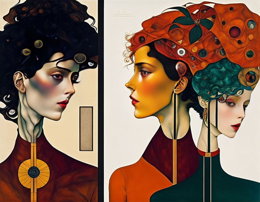 Stylized women's profiles with elaborate hair accessories and modern design