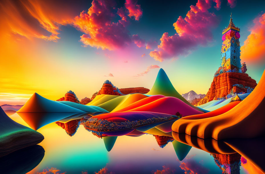 Vibrant multicolored hills under dramatic sunset sky in surreal landscape