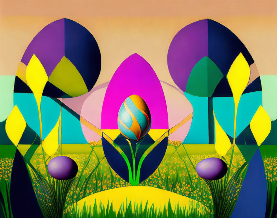 Symmetrical geometric shapes in vibrant colors resembling stylized landscape and foliage.