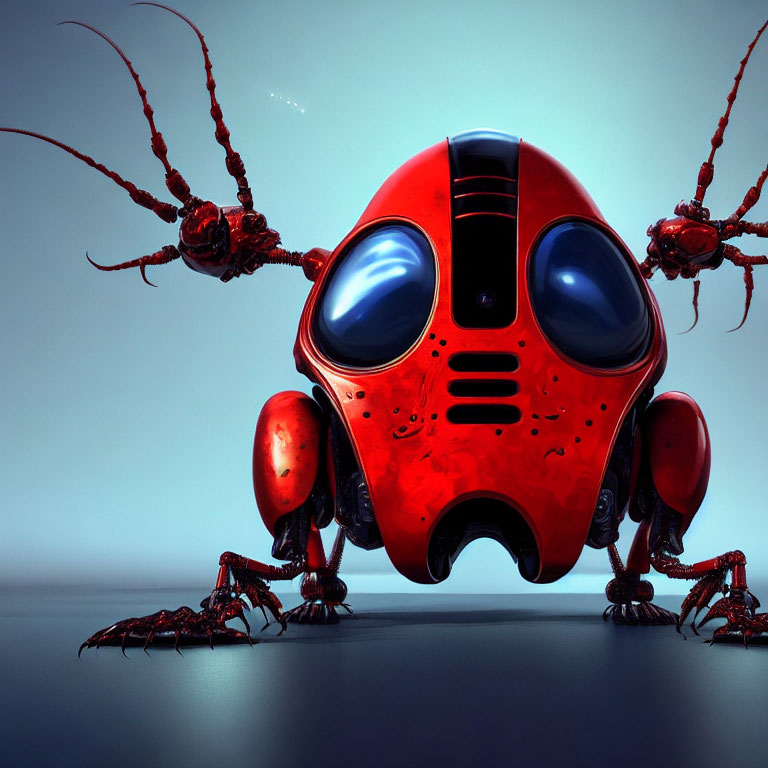 Red Insect-Like Robot Surrounded by Small Creatures on Blue Background