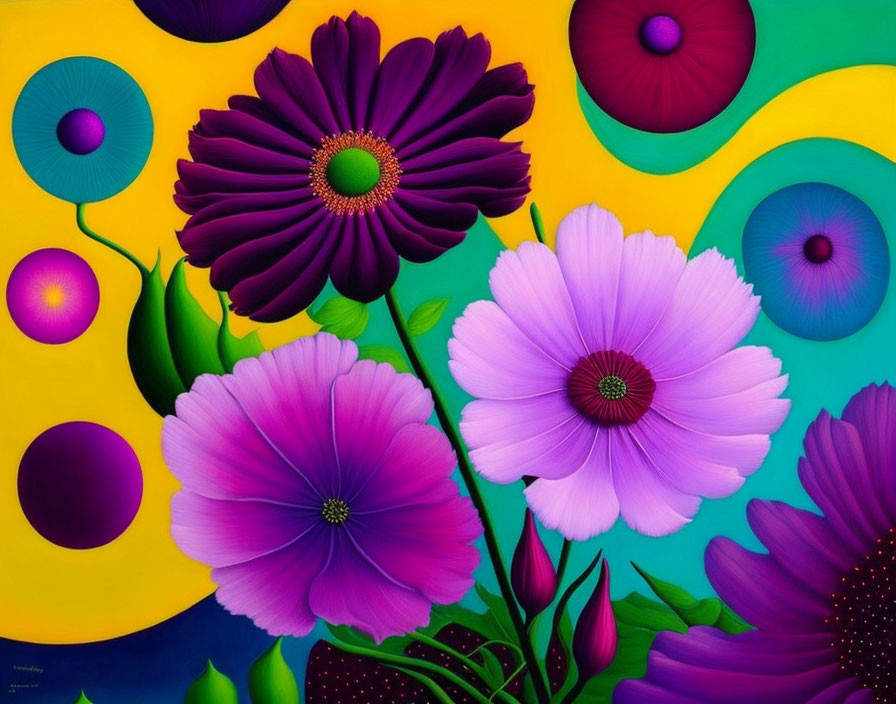 Colorful Painting of Stylized Flowers on Vibrant Backgrounds