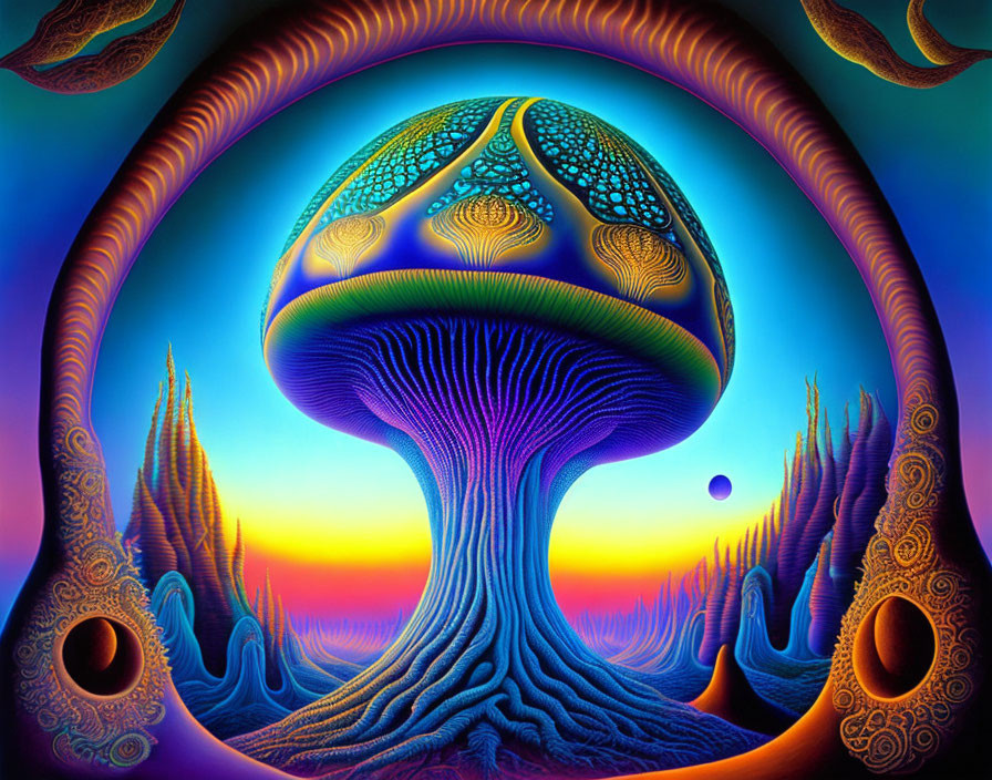 Psychedelic surreal landscape with ornate mushroom structure