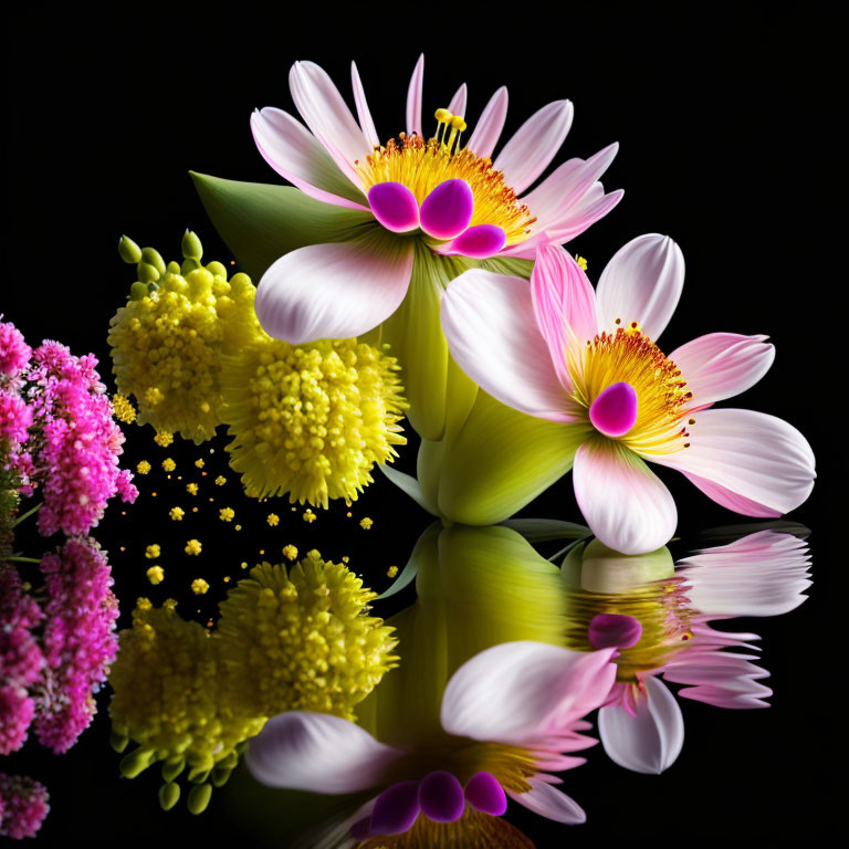 Bright pink and white flowers with yellow centers on reflective surface against black background with yellow and pink blossoms