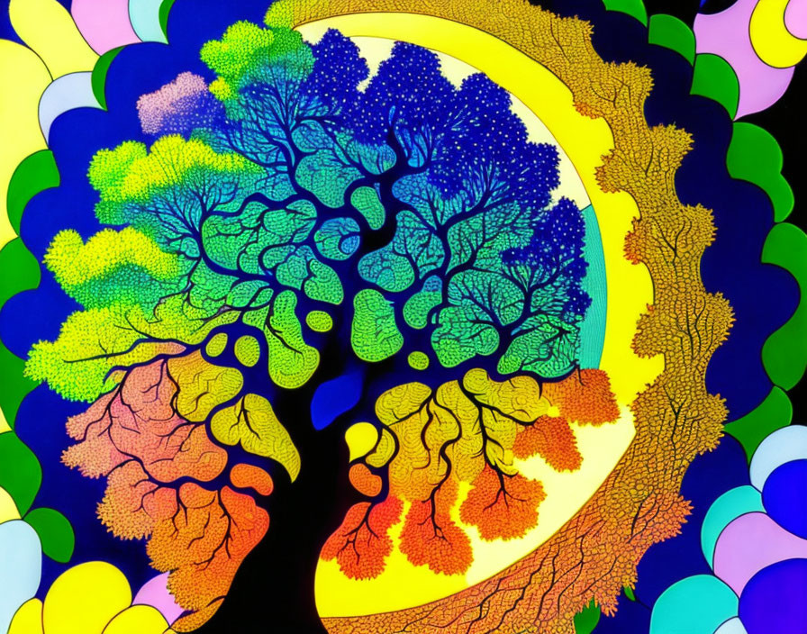 Colorful Psychedelic Tree Illustration with Day-to-Night Transition