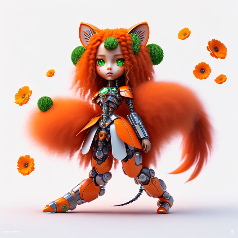 Futuristic anthropomorphic fox with mechanical limbs and green eyes