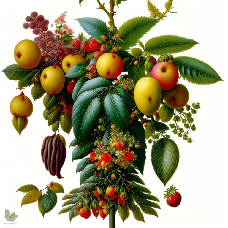 Colorful still life painting of ripe fruits and cacao pod with green leaves.