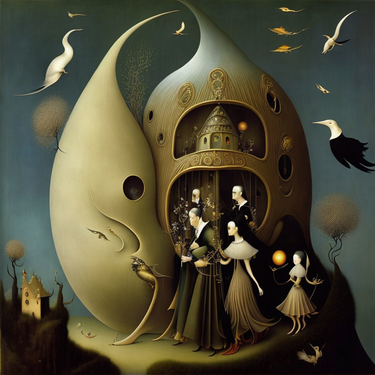Surreal painting of figures in Victorian attire with birds and organic architecture.