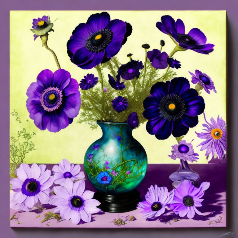 Vivid Purple and Violet Flowers in Teal Vase on Yellow Background