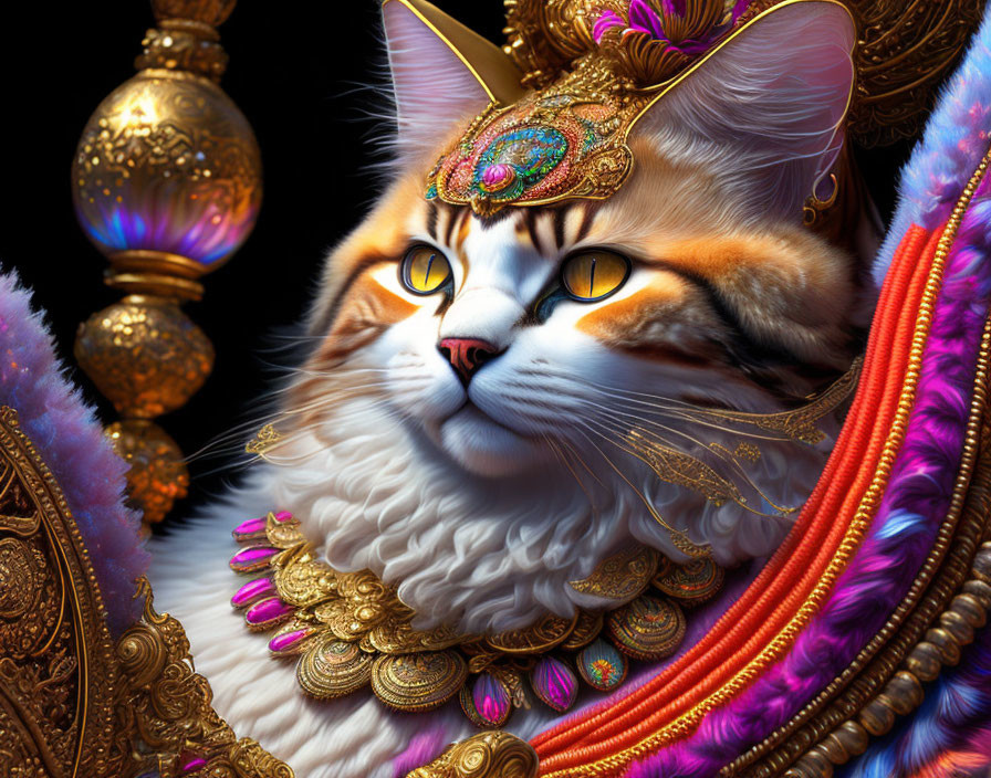 Regal cat with golden jewelry and headdress on dark background