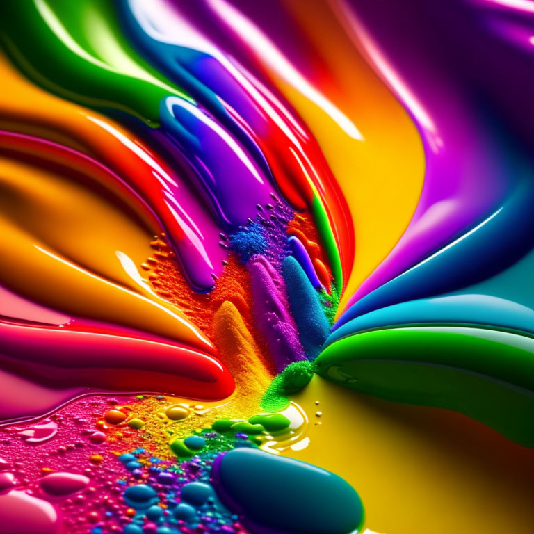 Colorful paint streams merging with glossy appearance and droplets for bright rainbow effect.