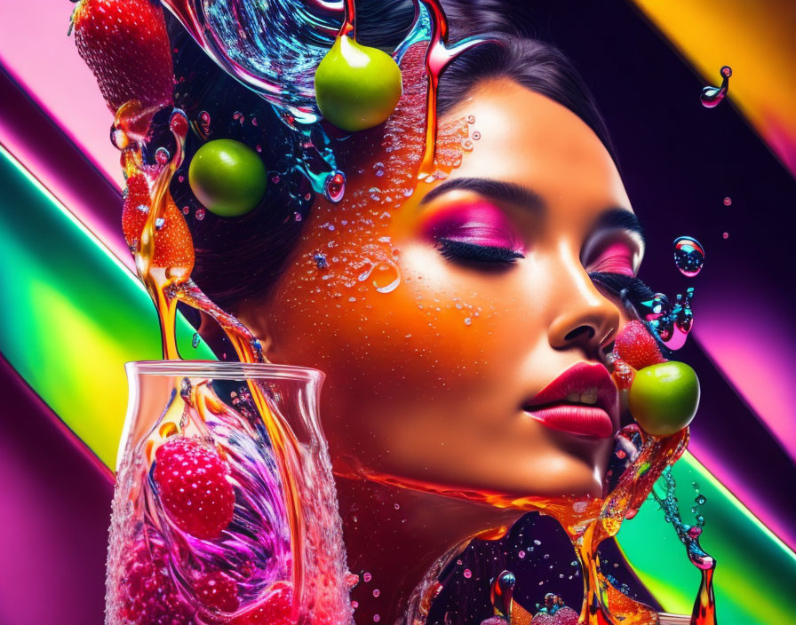 Vibrant woman's face with liquid and fruits on neon background