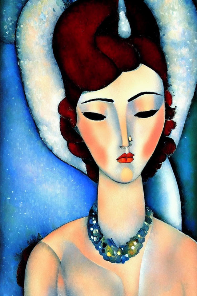 Vibrant painting of stylized woman with red headdress & blue background