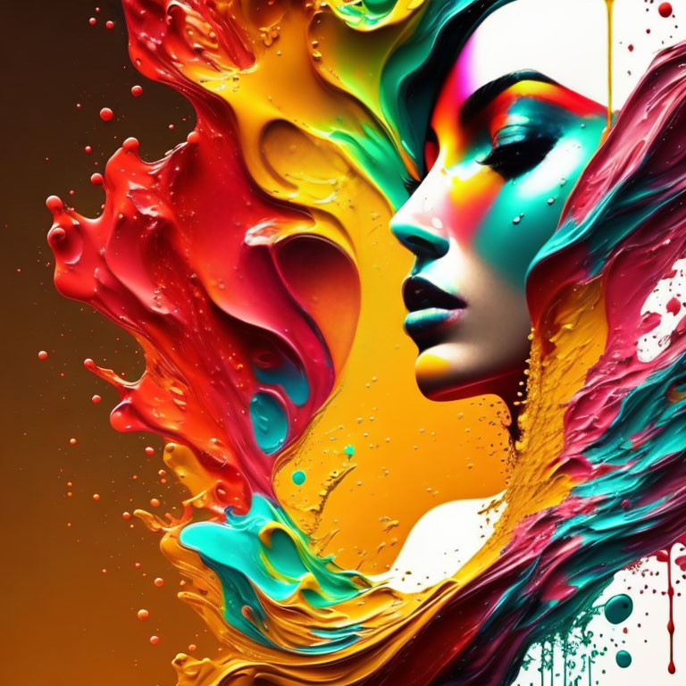 Colorful digital portrait of a woman in paint splatter profile.