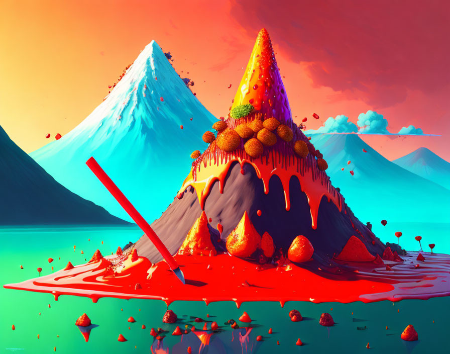 Surreal landscape with melting ice cream cone mountain