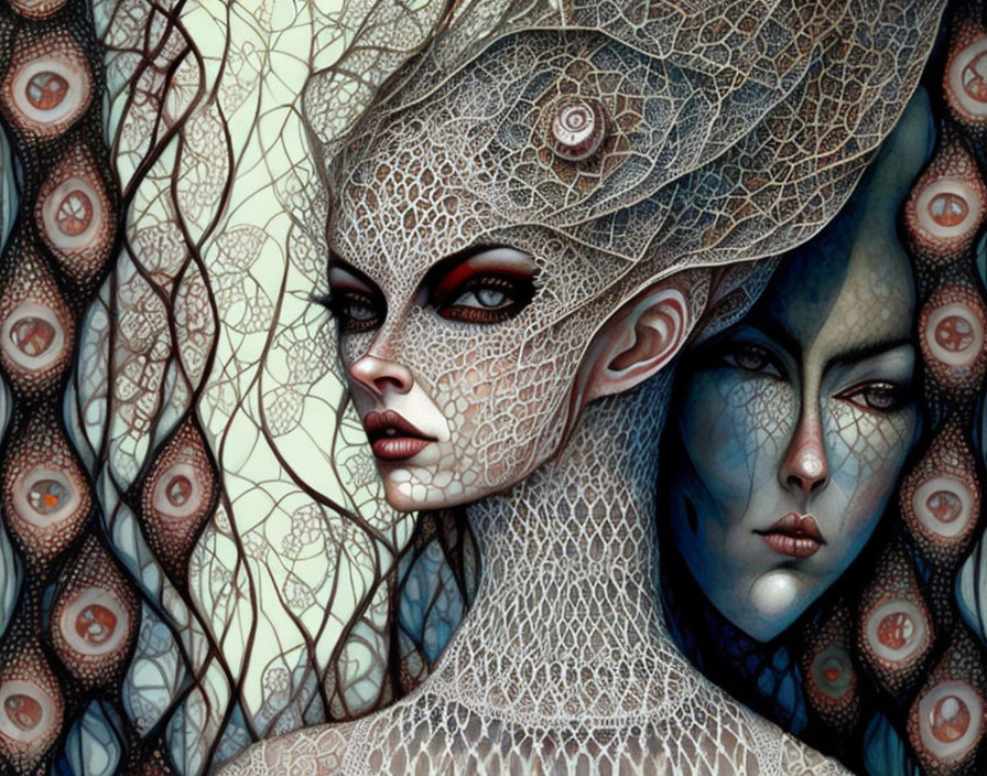 Stylized female figures with intricate skin patterns and abstract organic shapes