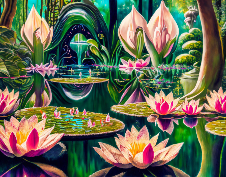 Colorful artwork of magical pond with lotus flowers and swirling gateway