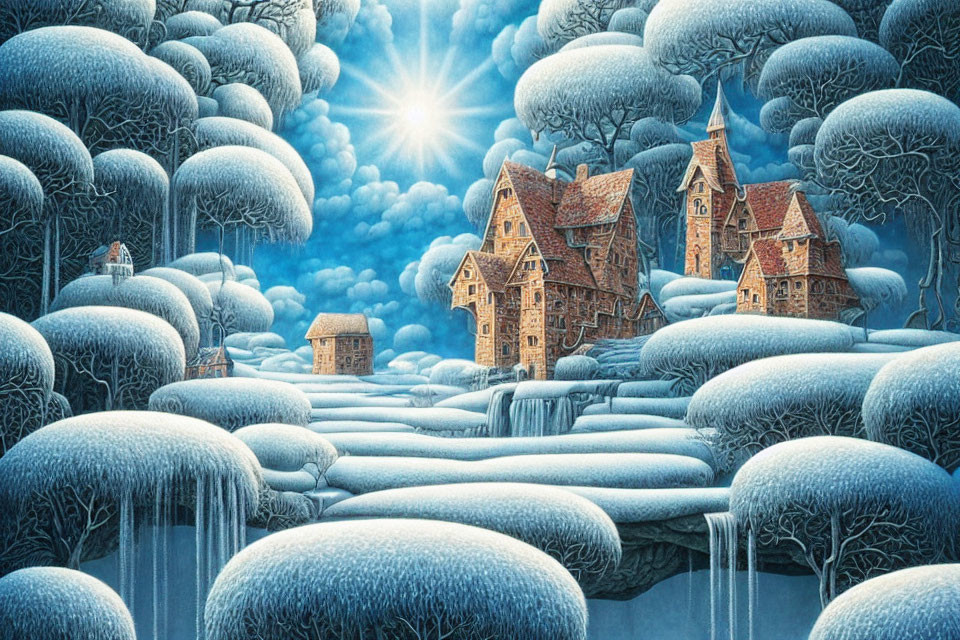Snowy Trees, River, Waterfalls & Quaint Houses in Fantasy Winter Scene