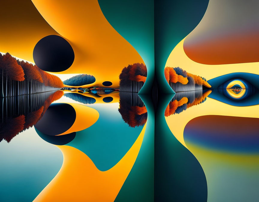 Symmetrical landscape digital art with vibrant colors and reflective surfaces