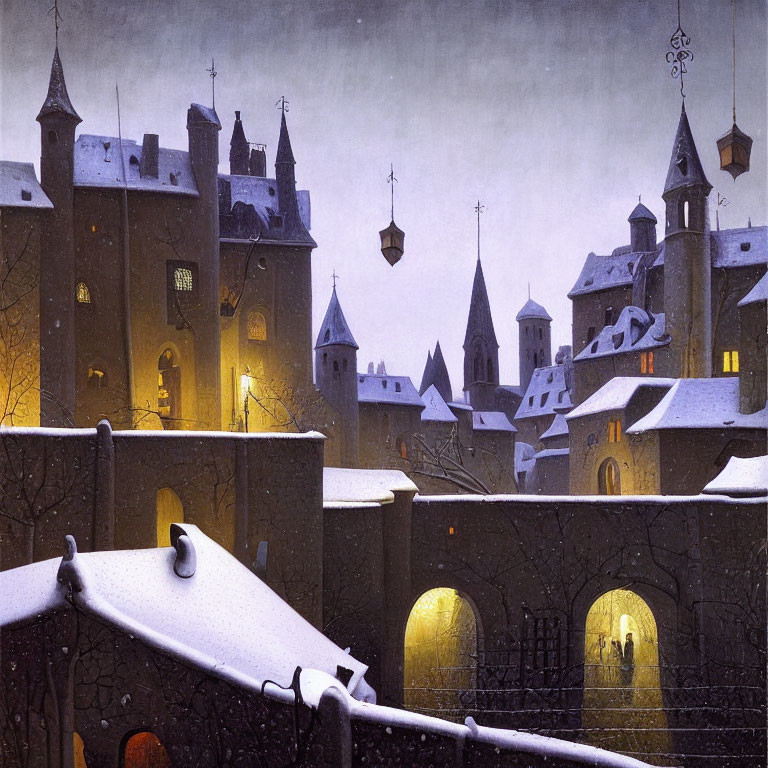 Snowy Evening Scene: Medieval Castle-Like Architecture with Warm Glowing Lights