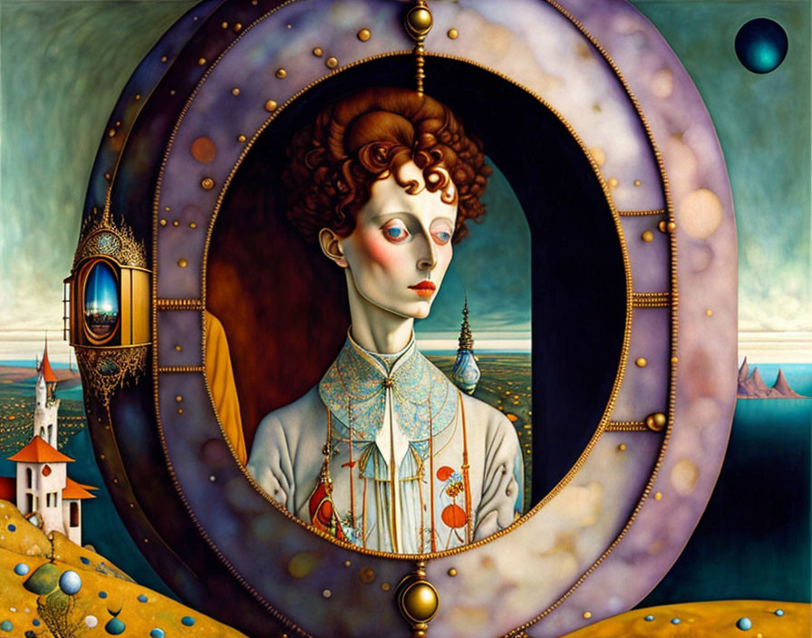 Surrealist painting of woman with round window in fantastical landscape