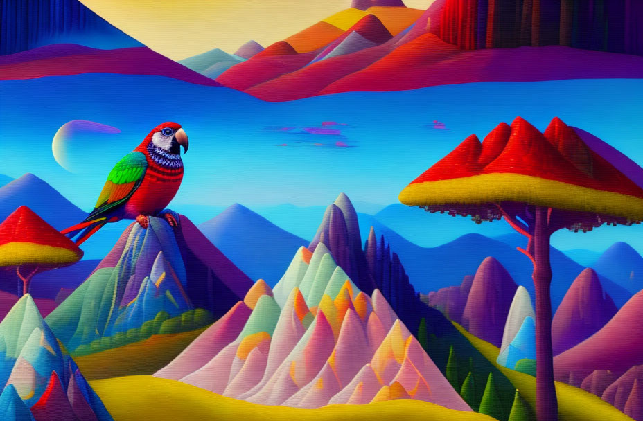 Colorful parrot on branch in whimsical landscape with mountains and crescent moon