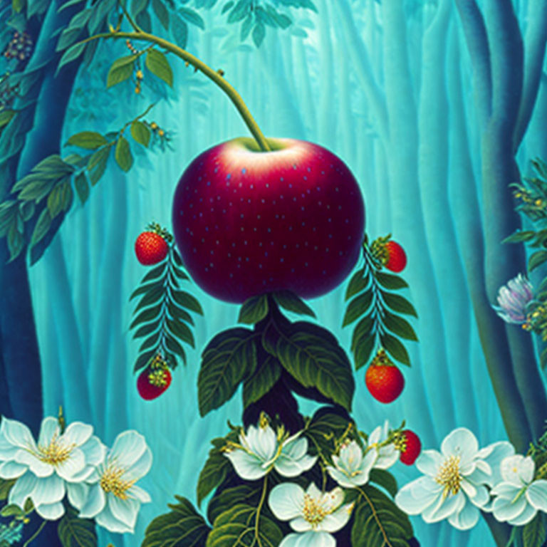 Colorful Still Life: Red Apple, White Flowers, Strawberries, Teal Background
