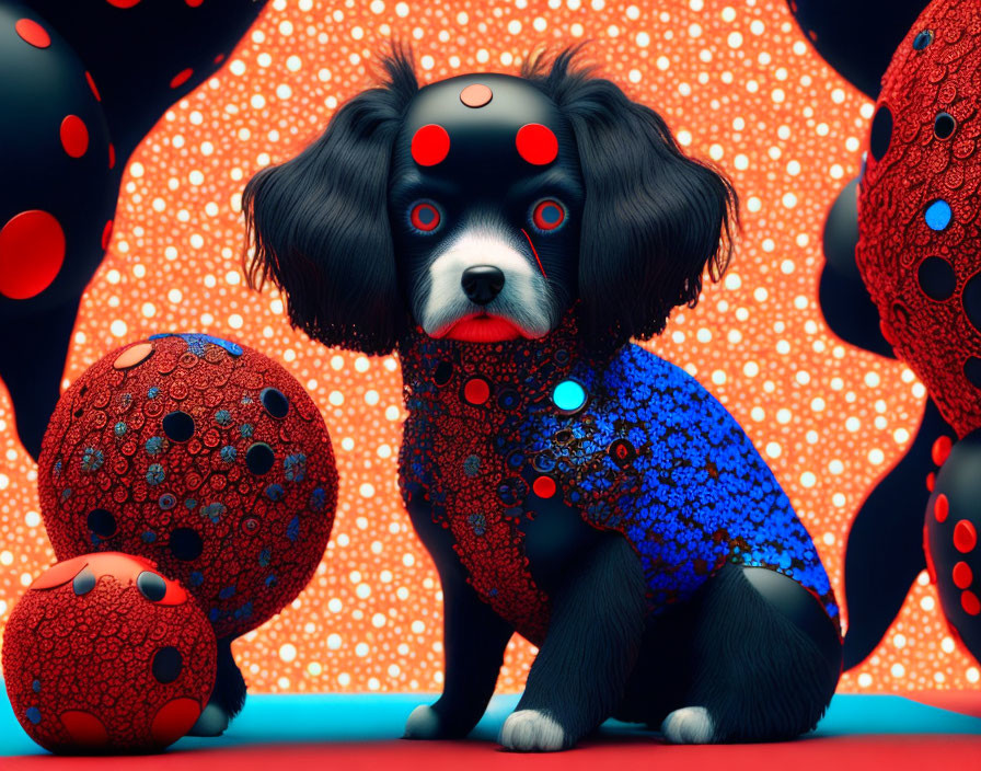 Digital 3D illustration featuring dog with large, soulful eyes surrounded by red and blue patterned