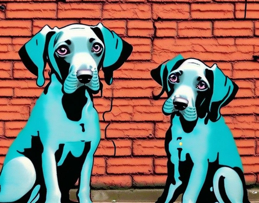 Stylized Cartoon Dogs in Blue Tones on Red Brick Wall