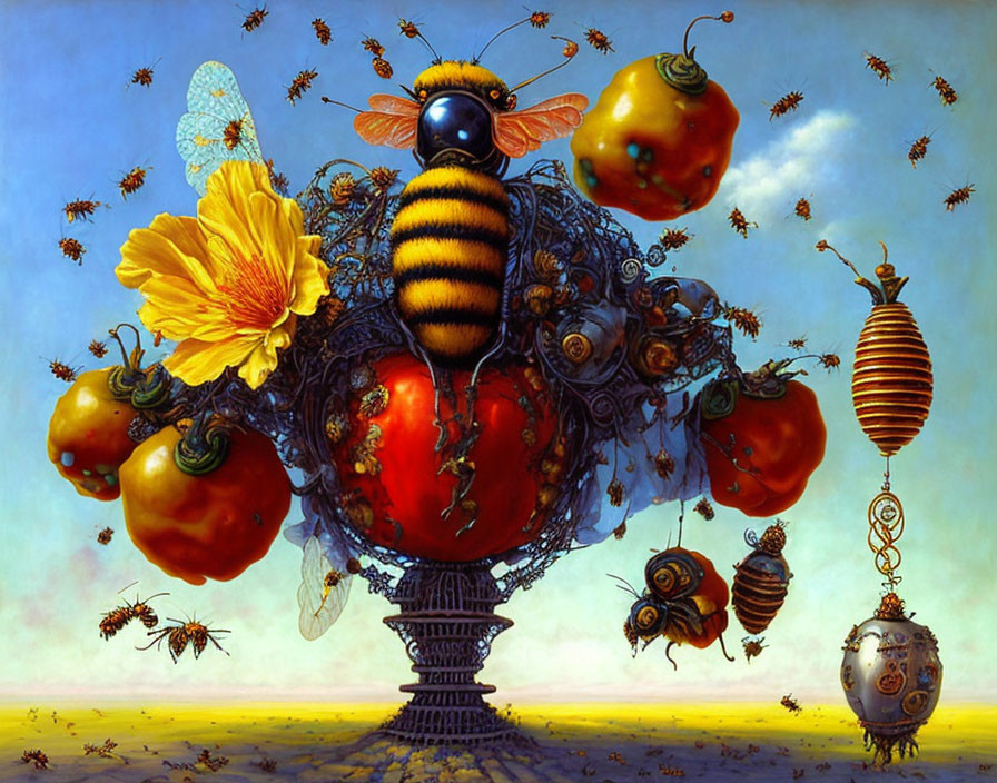 Surreal bee-themed fantasy landscape with tomatoes, ornaments, and butterfly