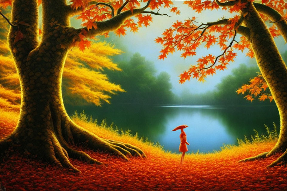 Person with Red Umbrella Surrounded by Autumn Foliage and Lake