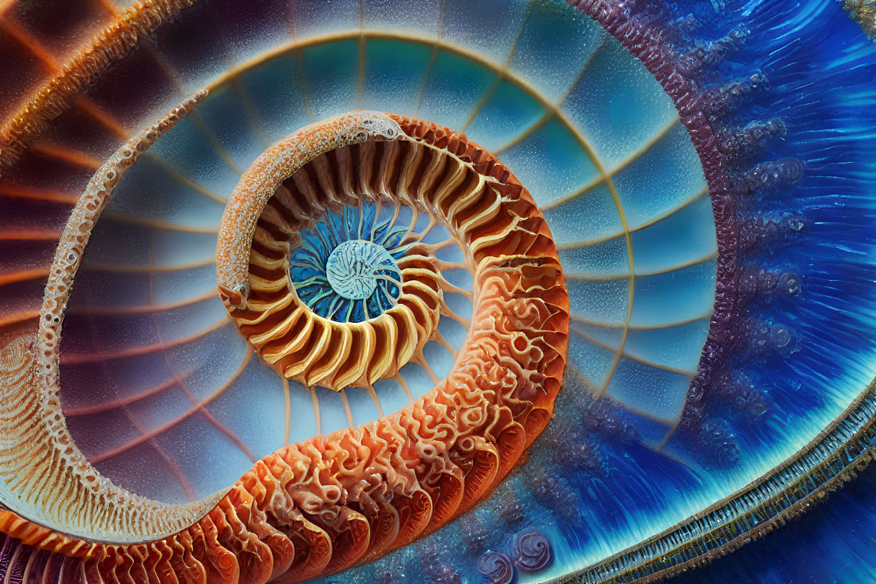Detailed Vibrant Orange and Blue Fractal Spiraling Pattern