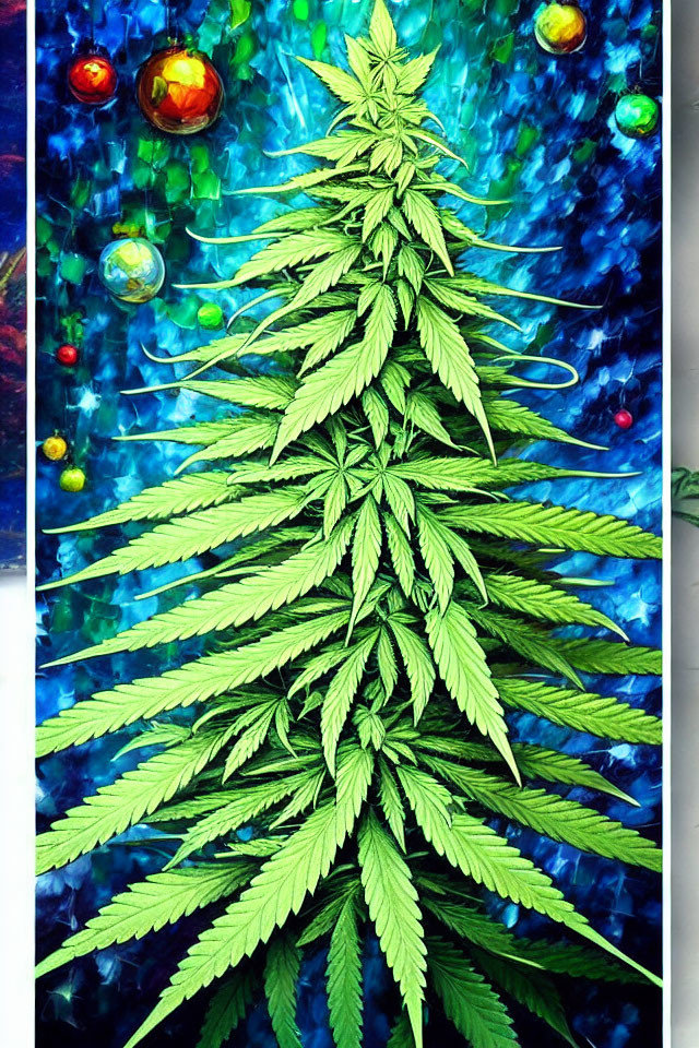 Colorful Cannabis Leaf Art on Blue Mosaic Background with Glass Bubbles