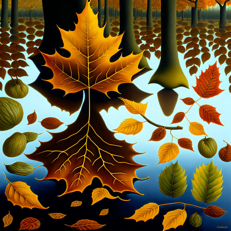 Autumn landscape painting with colorful leaves and trees reflecting on water