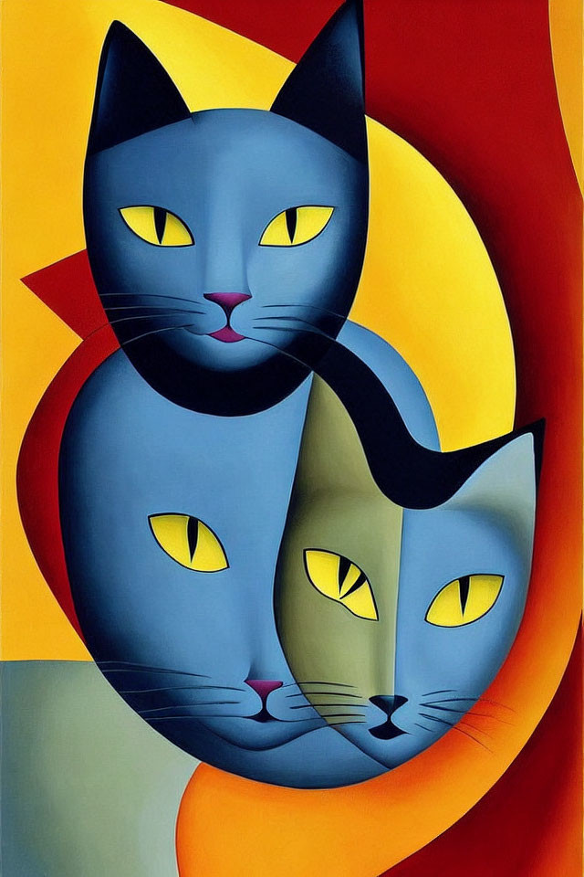 Vibrant stylized cats with yellow eyes on colorful background
