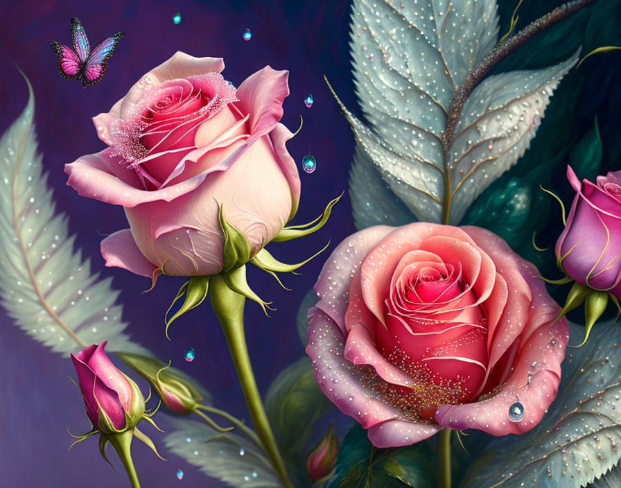 Pink roses with dew drops, butterfly, glittering leaves on purple background